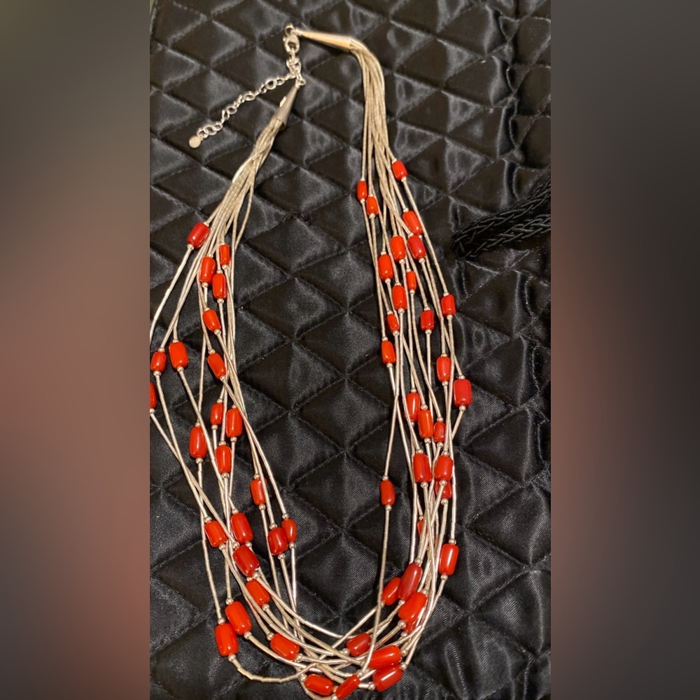 NATIVE AMERICAN 925 STERLING SILVER AND CORAL MULTI STRAND NECKLACE